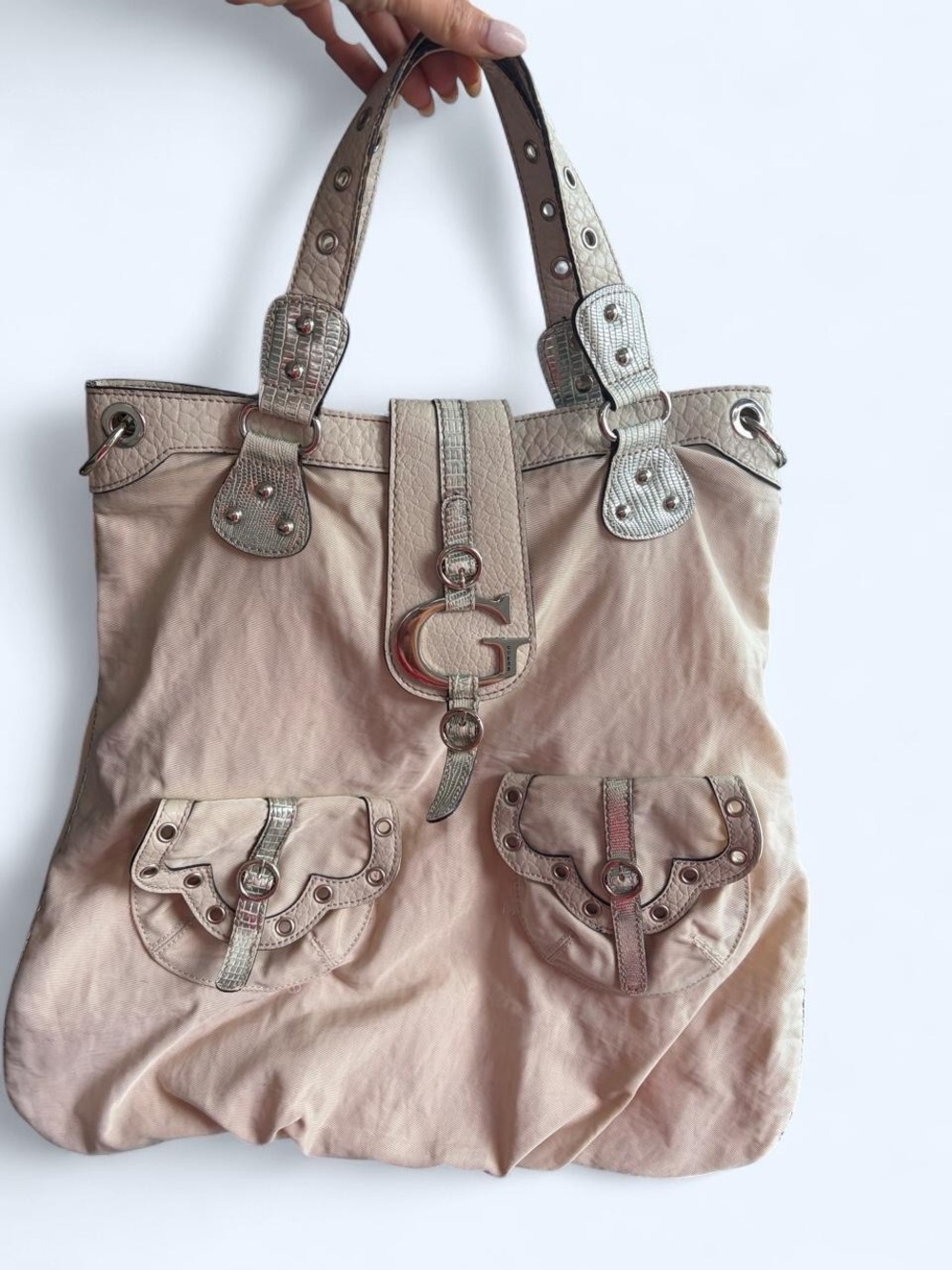 Guess Blush Beige Tote with Silver Trim